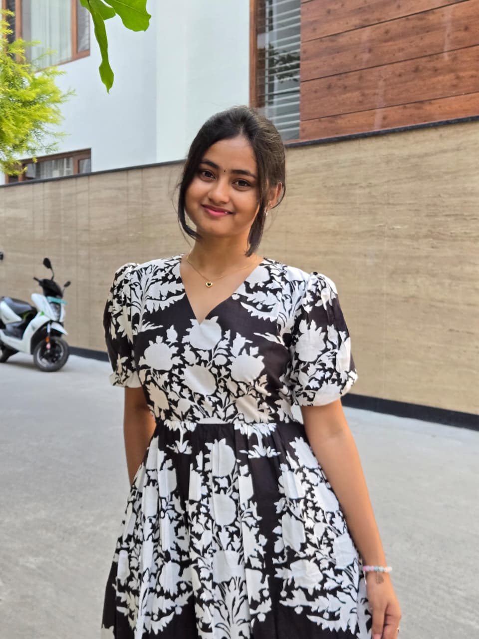 Monochrome Floral Cotton Midi Dress