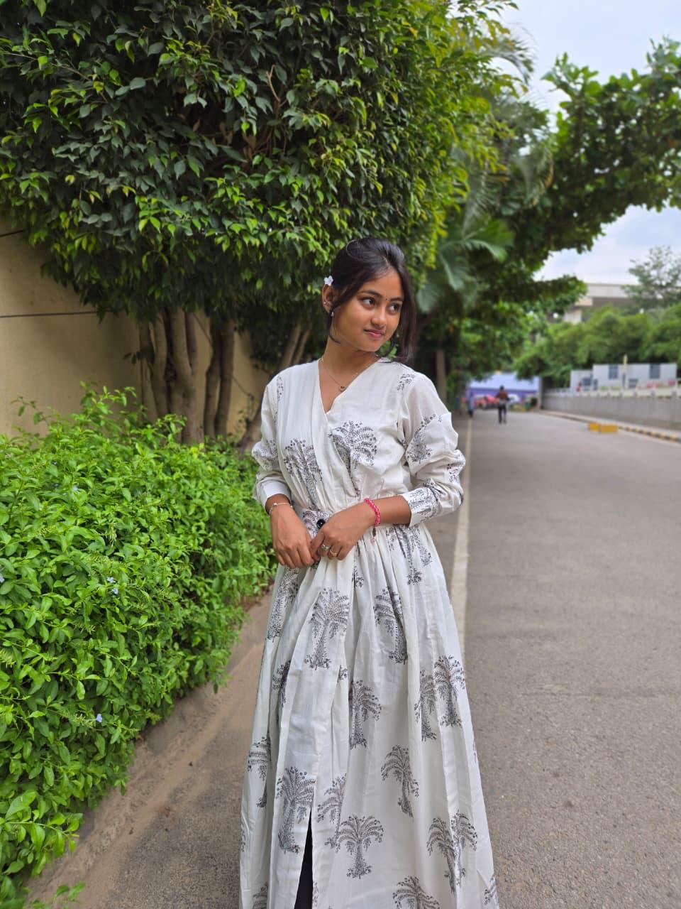 Ivory Palm Print Anarkali Dress