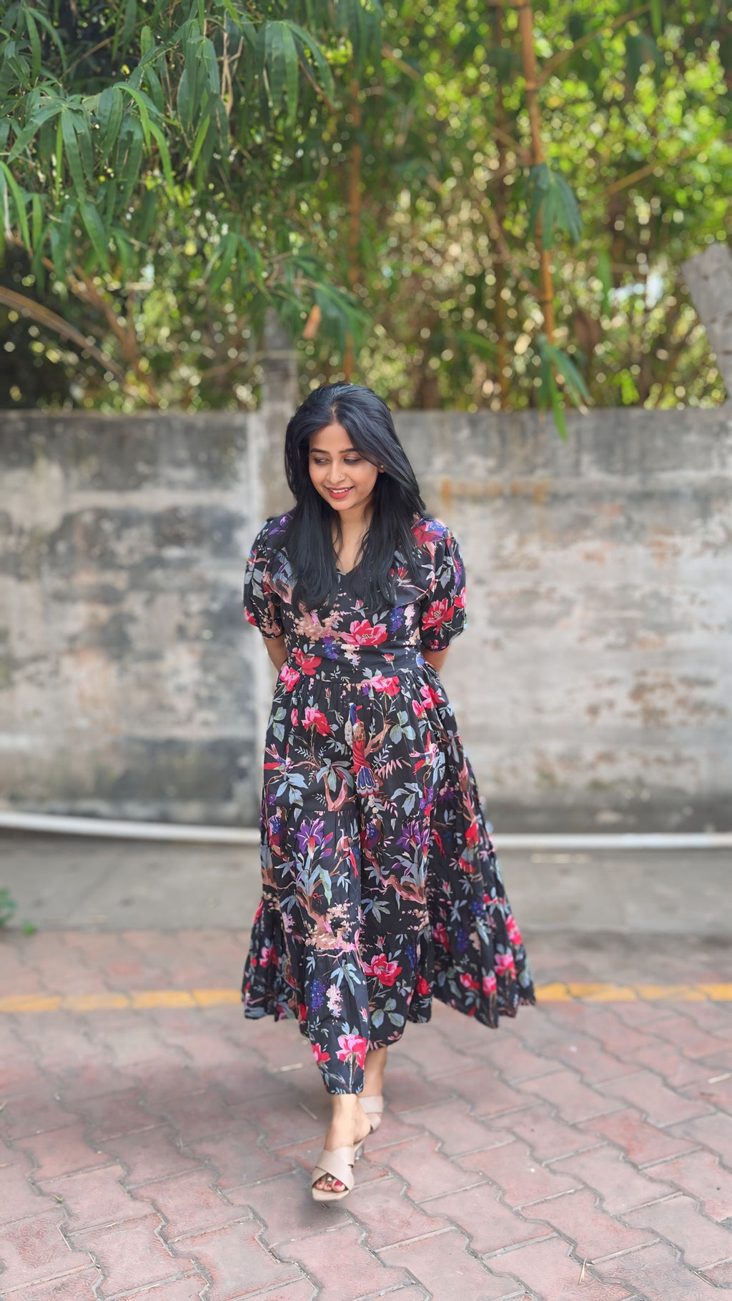 Dark Blue Floral Printed Maxi Dress