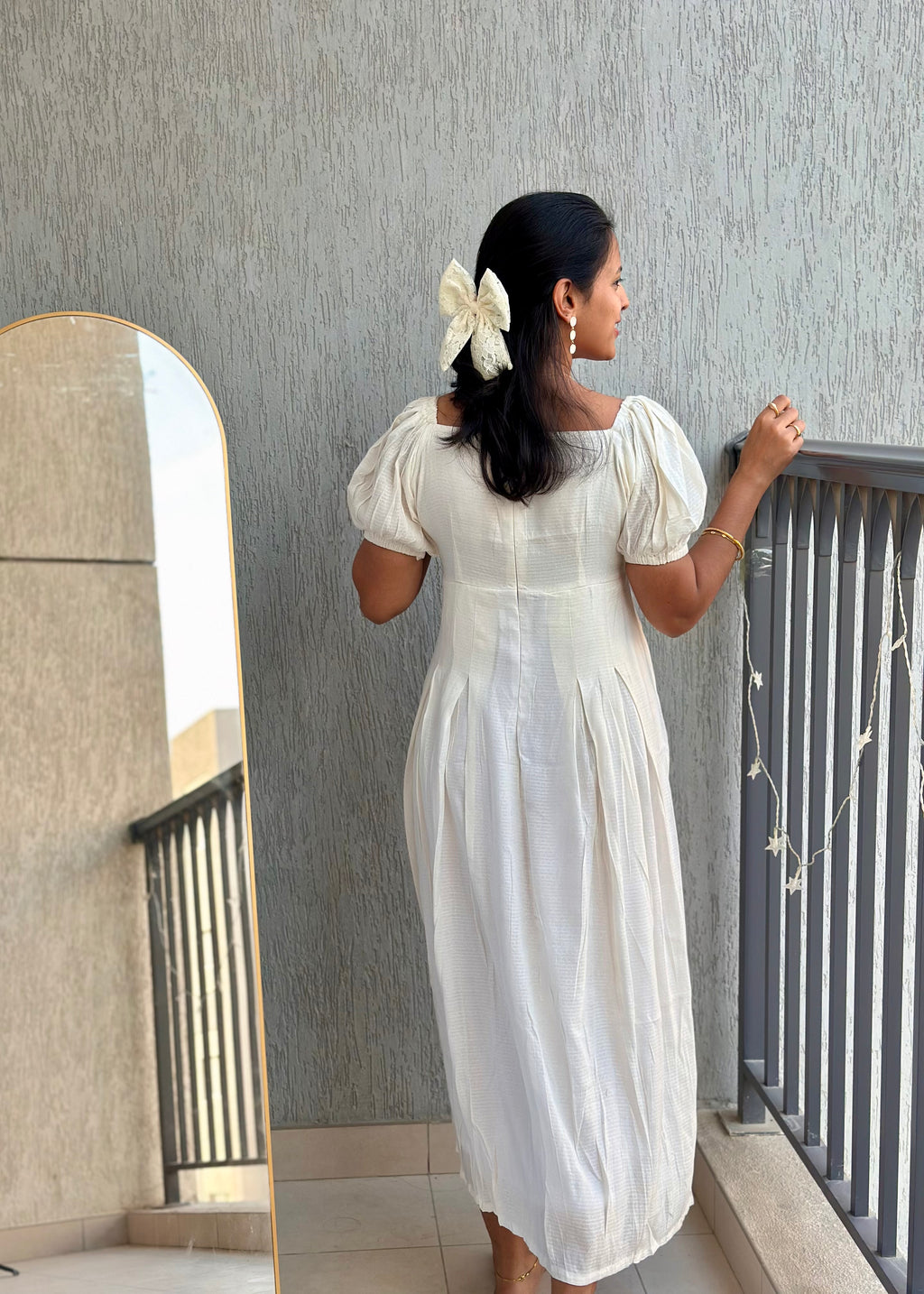 White self textured box pleated maxi dress