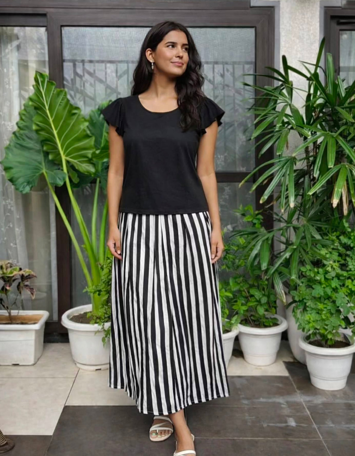 Black Top with Striped Maxi Skirt Co-ord Set