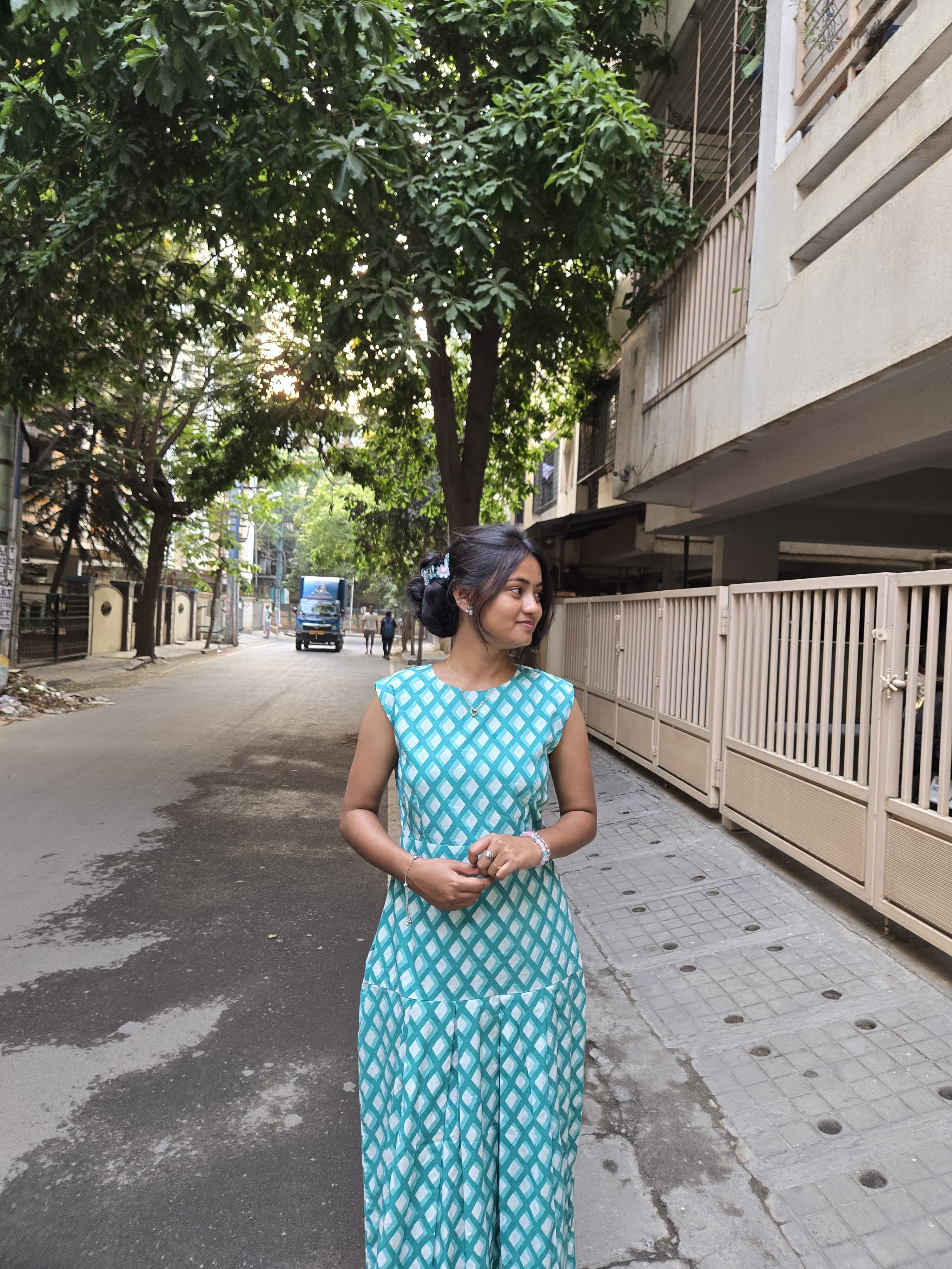 Aqua Diamond Print Cotton Maxi Dress