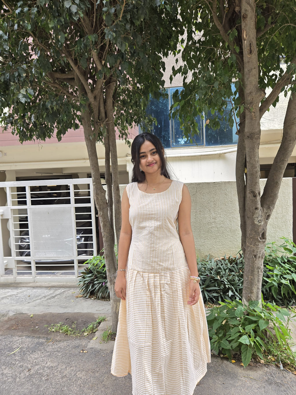 Sunshine Beige Striped Tiered Dress