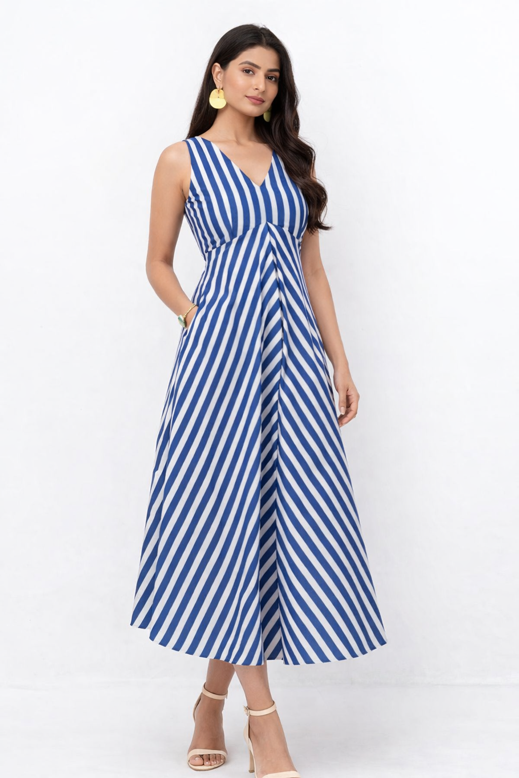 Blue & White Striped Sleeveless Midi Dress