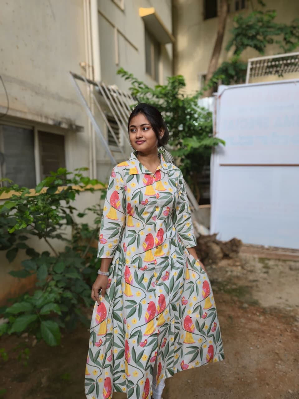 Floral Bird Print Cotton Maxi Dress