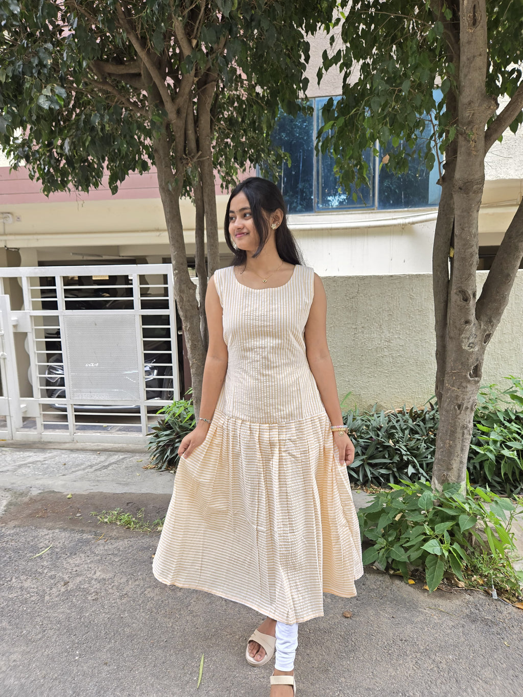 Sunshine Beige Striped Tiered Dress