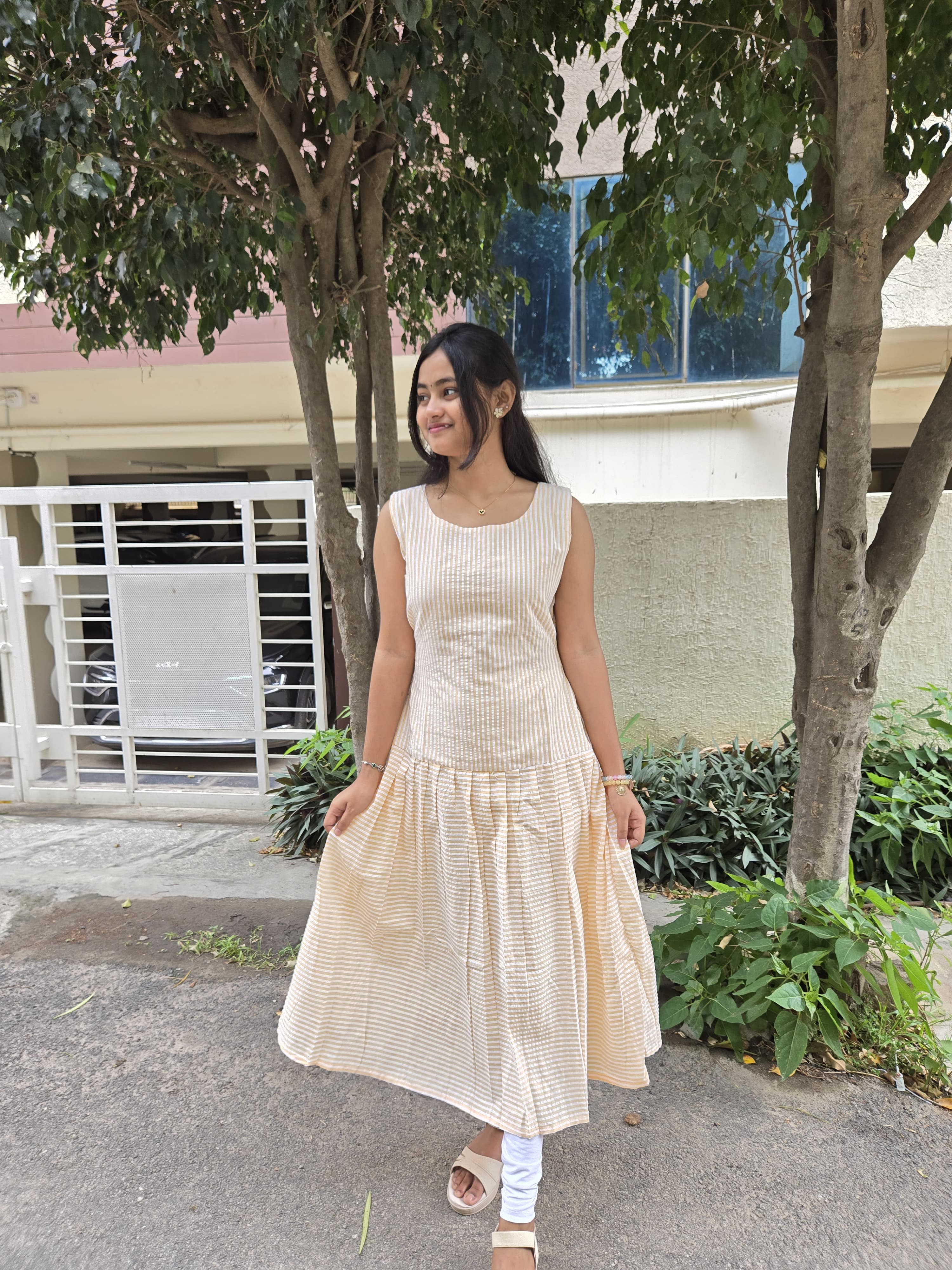 Sunshine Beige Striped Tiered Dress