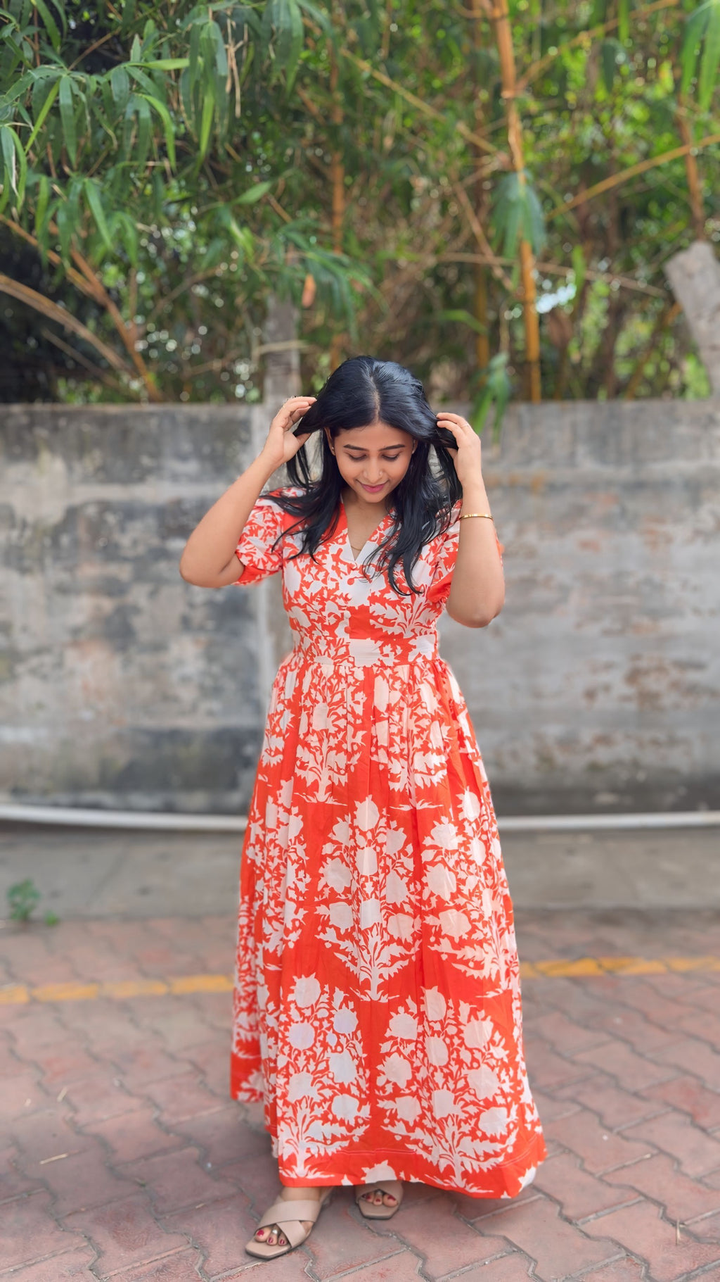 Orange Floral Cotton Maxi Dress