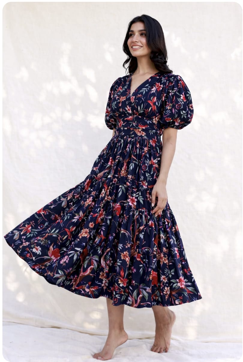Dark Blue Floral Printed Maxi Dress