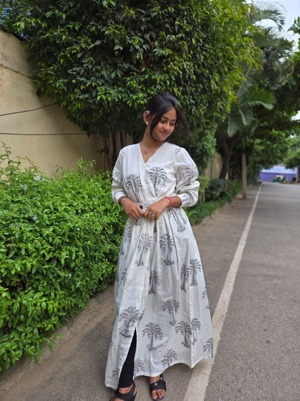 Ivory Palm Print Anarkali Dress