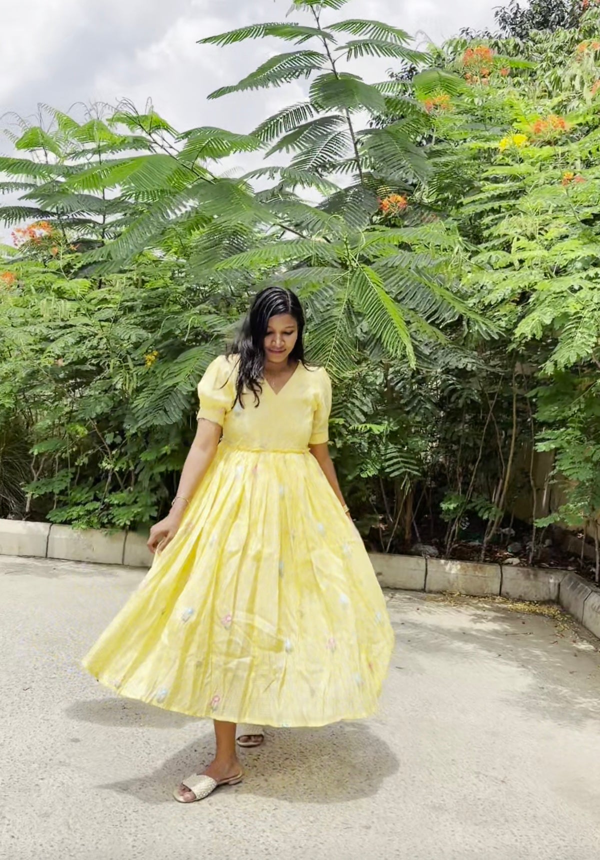 Butter Yellow Floral Embroidered Maxi Dress