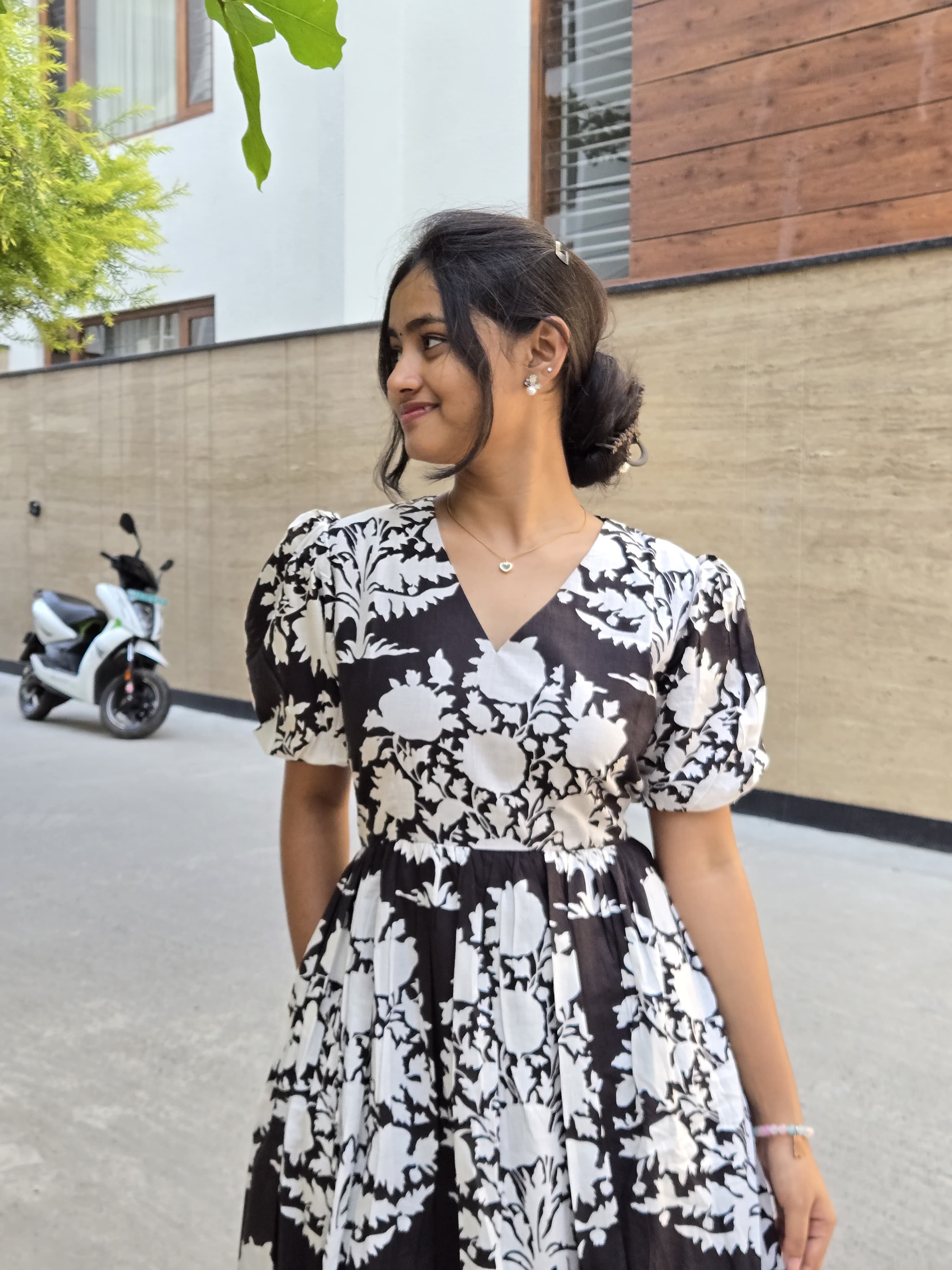 Monochrome Floral Cotton Midi Dress