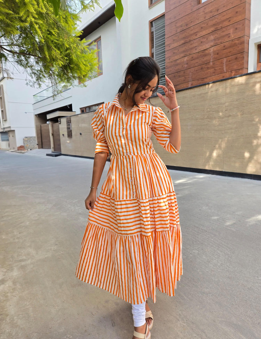 Orange Stripe Cotton Tiered Maxi Dress