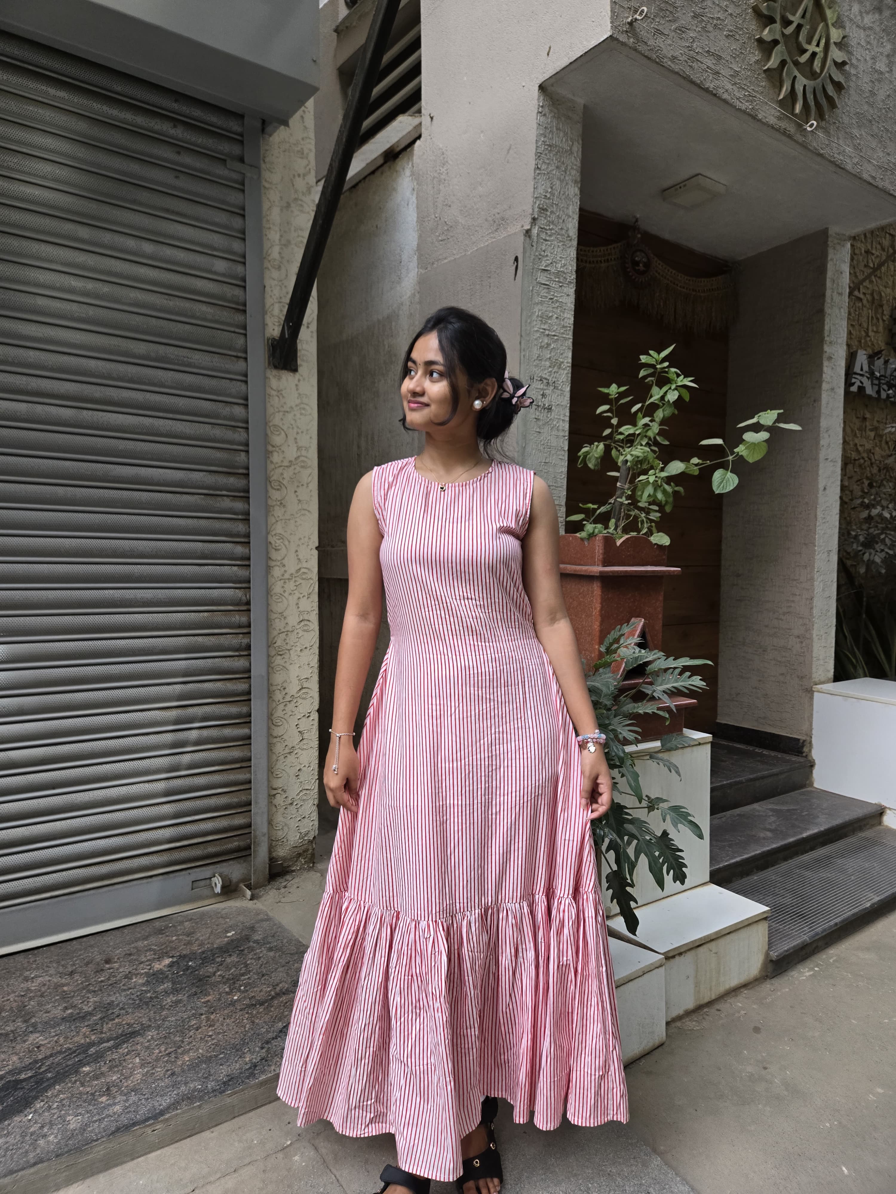 Blush Pink Striped Tiered Maxi Dress