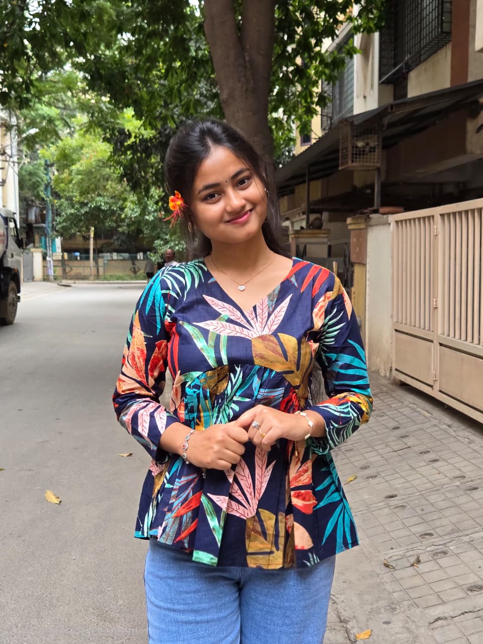 Midnight Tropical Print Peplum Top