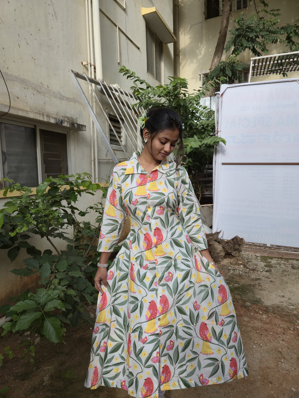 Floral Bird Print Cotton Maxi Dress