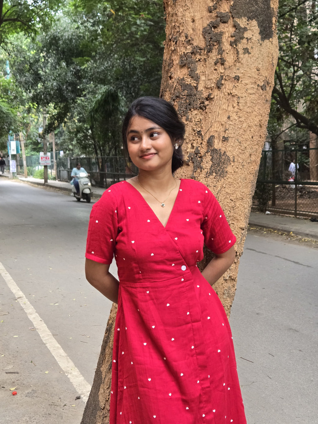 Heart Print Wrap-Style Red Maxi Dress