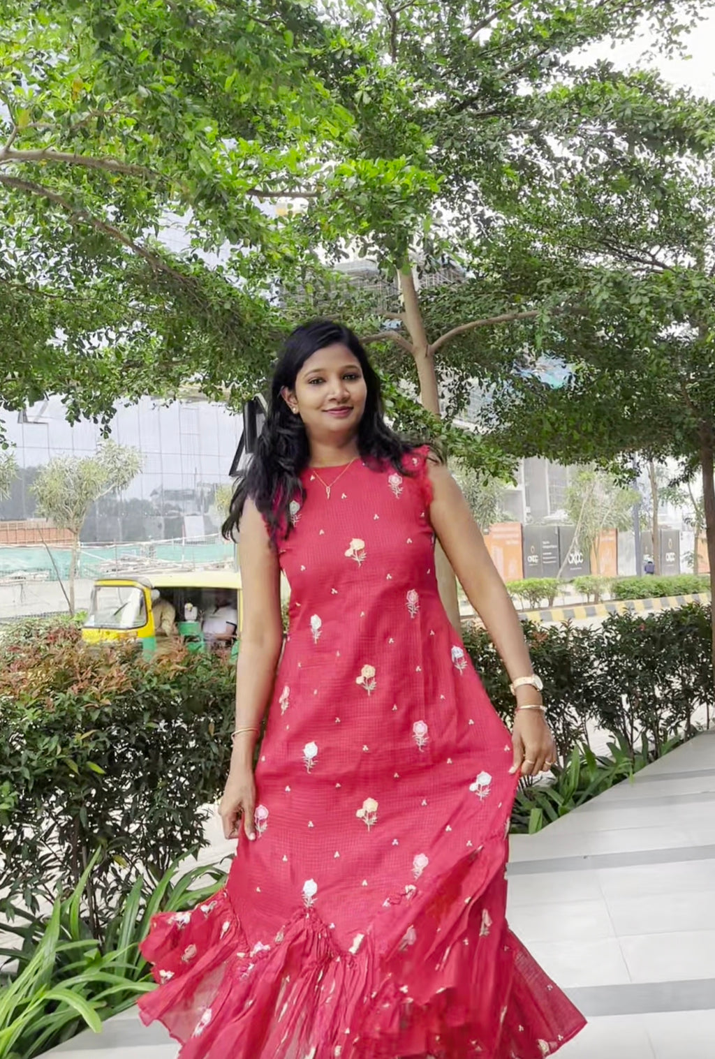 Rose Print Red Sleeveless Maxi Dress