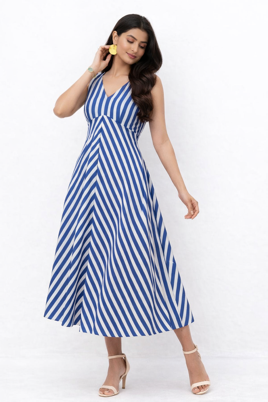 Blue & White Striped Sleeveless Midi Dress