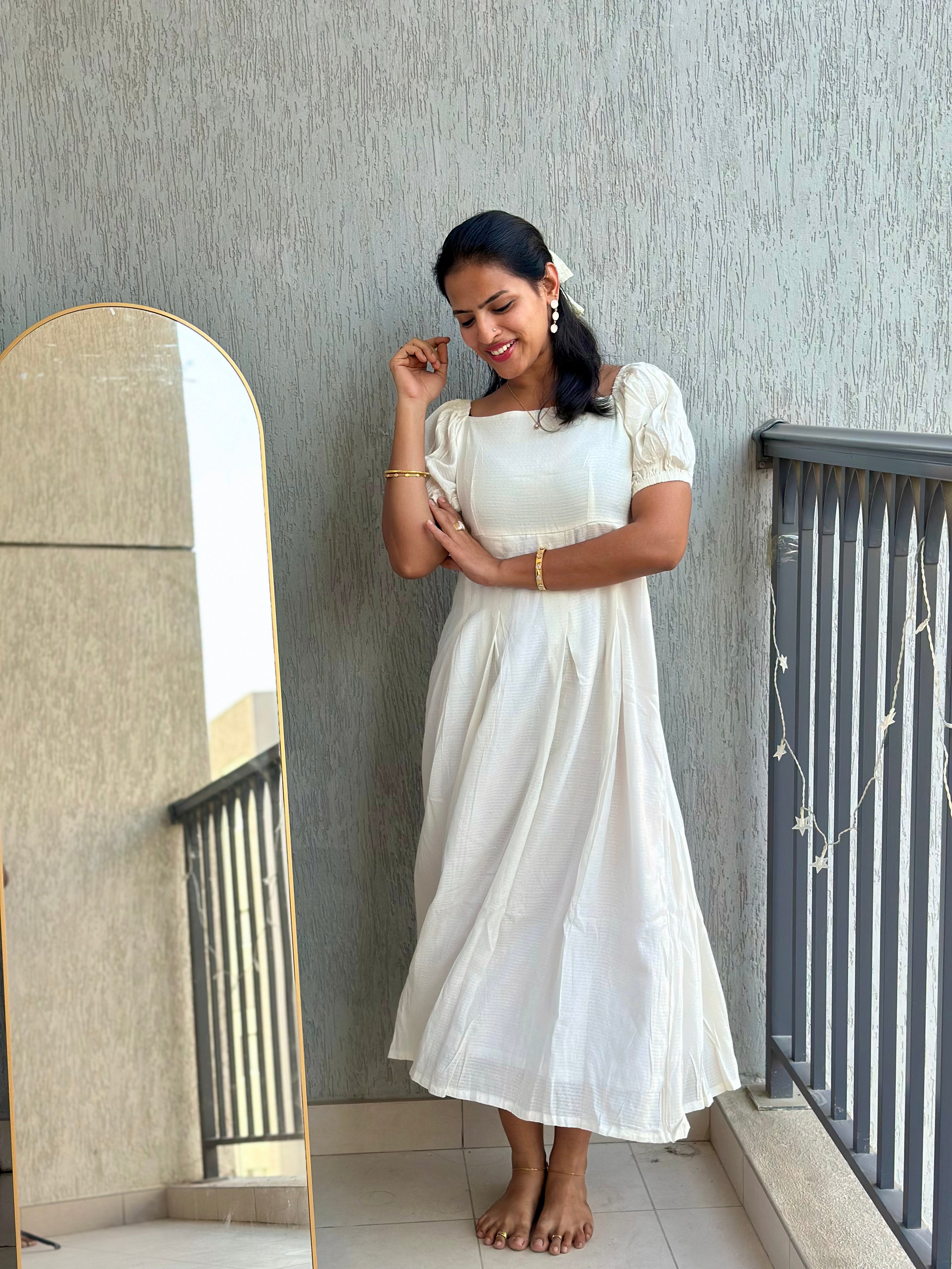 White self textured box pleated maxi dress