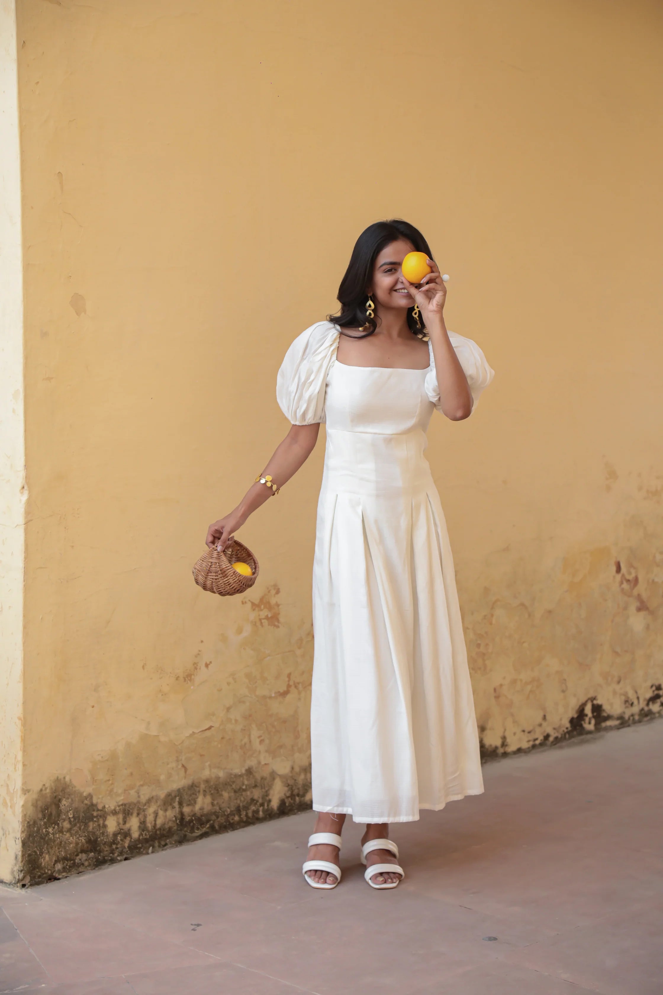 White self textured box pleated maxi dress