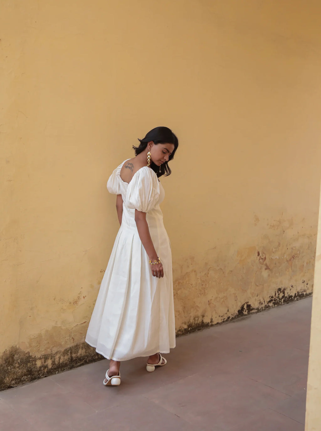 White self textured box pleated maxi dress